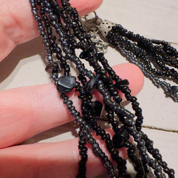 Vintage Black Multi-Strand Seed Bead Necklace with Crackle Glass Disc Pendant - Picture 3 of 6